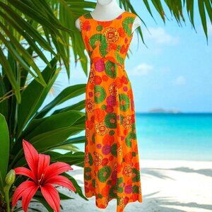 Vintage 70s Hawaii Nei Orange Maxi Hostess Dress Made in Hawaii Size 10